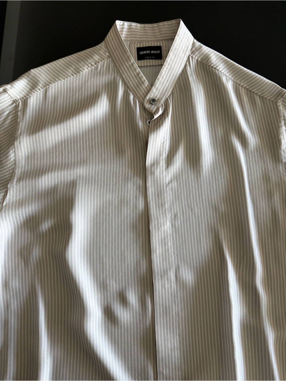 Giorgio Armani 100% Silk Cream-Striped Band Collar Shirt